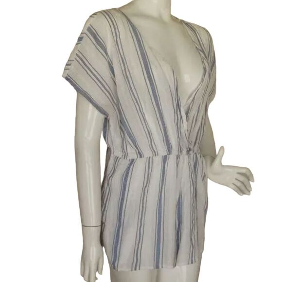 OUT FROM UNDER Swim Cover/Romper, L, White/Blue Stripes, Elastic Waist, Pockets - Picture 2 of 15